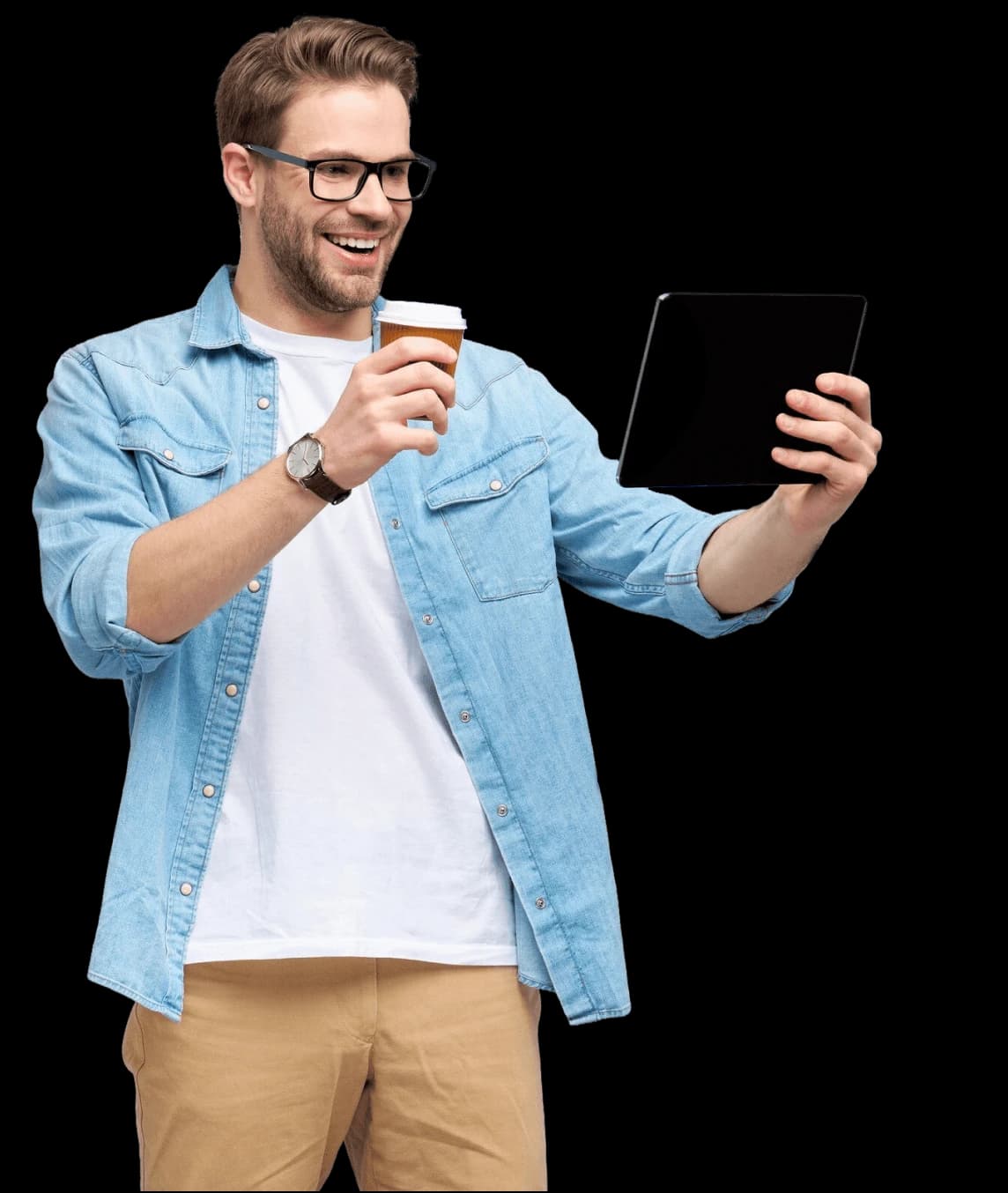 Business owner with coffee smiling at his tablet